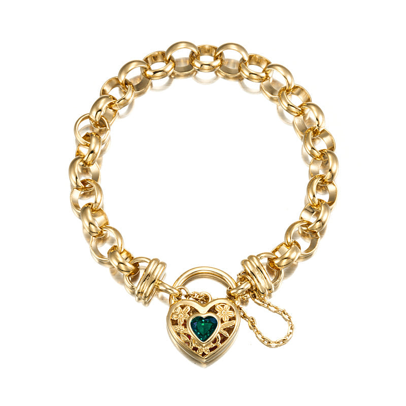 18ct Heavy Yellow Gold Plated  10mm Belcher Chain Bracelet with a Green Filigree Locket - USA Made-0