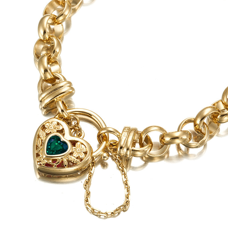 18ct Heavy Yellow Gold Plated  10mm Belcher Chain Bracelet with a Green Filigree Locket - USA Made-2