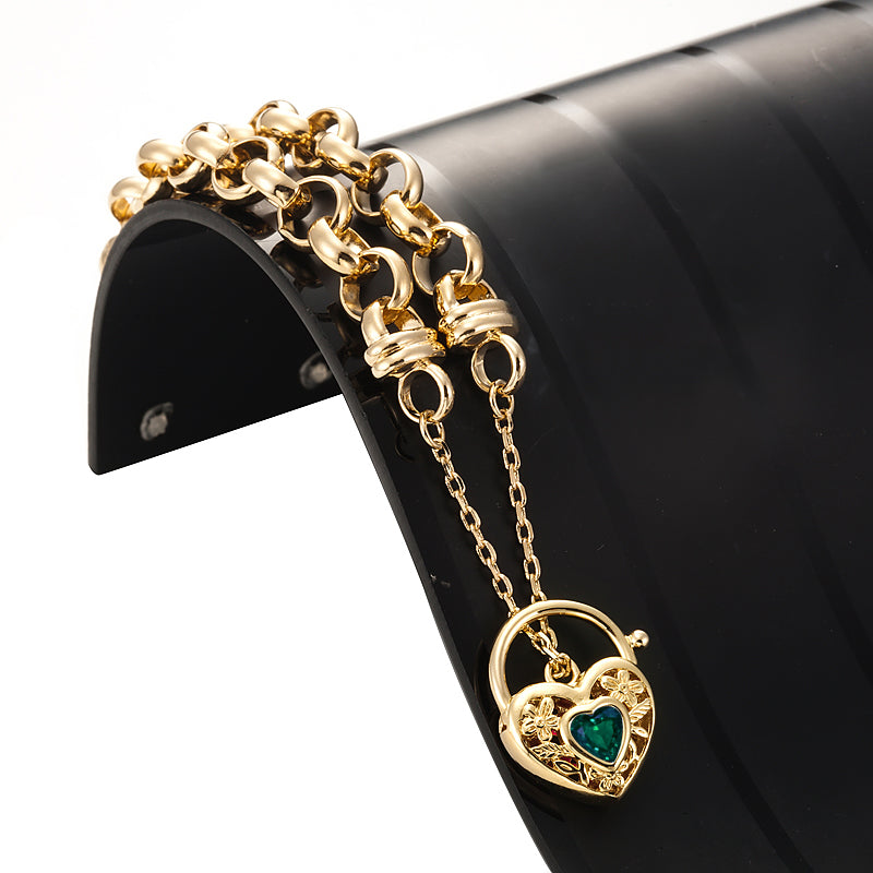 18ct Heavy Yellow Gold Plated  10mm Belcher Chain Bracelet with a Green Filigree Locket - USA Made-1