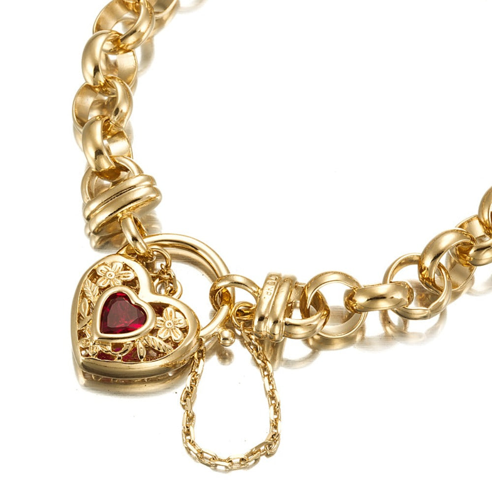 18ct Heavy Yellow Gold Plated  10mm Belcher Chain Bracelet with a Filigree Locket Featuring a Simulated Ruby - USA Made-0