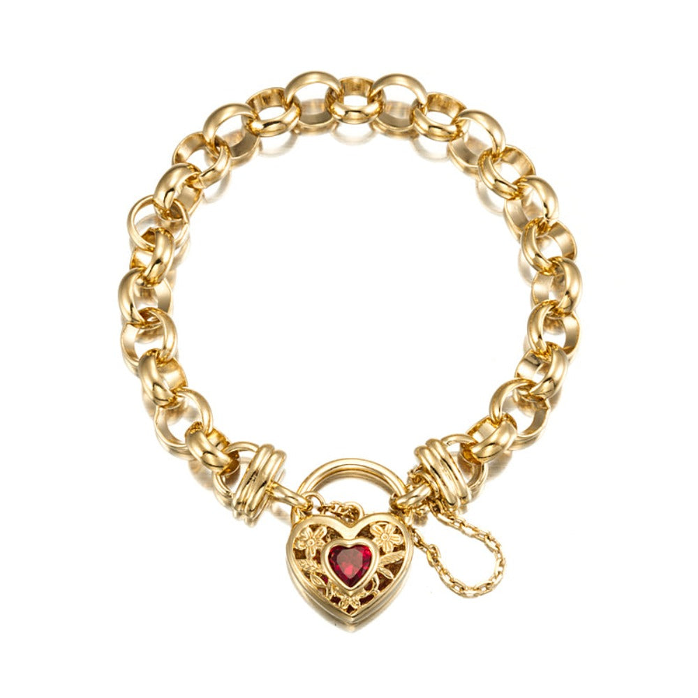 18ct Heavy Yellow Gold Plated  10mm Belcher Chain Bracelet with a Filigree Locket Featuring a Simulated Ruby - USA Made-1