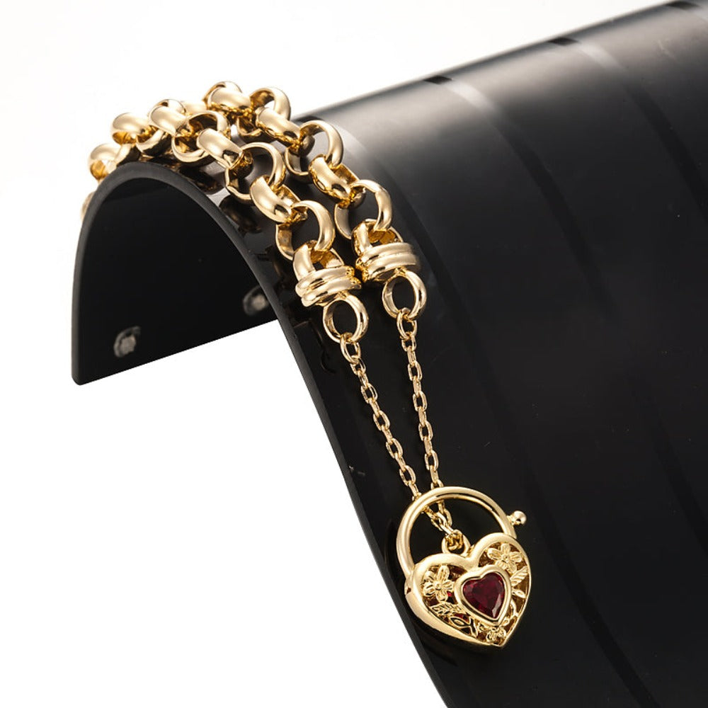 18ct Heavy Yellow Gold Plated  10mm Belcher Chain Bracelet with a Filigree Locket Featuring a Simulated Ruby - USA Made-2