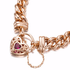 18ct Heavy Rose Gold Plated 12mm Euro Curb Chain Bracelet with a Filigree Locket Featuring a Simulated Ruby - USA Made-1