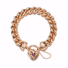 18ct Heavy Rose Gold Plated 12mm Euro Curb Chain Bracelet with a Filigree Locket Featuring a Simulated Ruby - USA Made-0