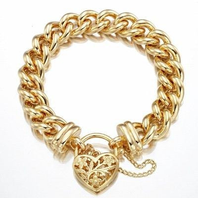 18ct Heavy Yellow Gold Plated 12mm Euro Curb Chain Bracelet with a Filigree Locket - USA Made-4