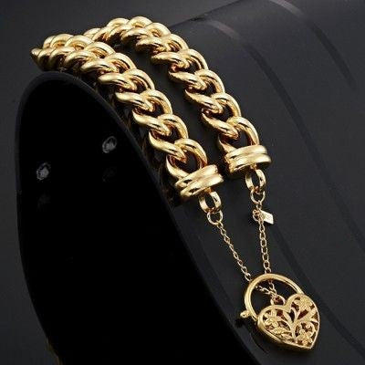 18ct Heavy Yellow Gold Plated 12mm Euro Curb Chain Bracelet with a Filigree Locket - USA Made-1