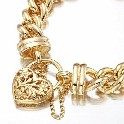 18ct Heavy Yellow Gold Plated 12mm Euro Curb Chain Bracelet with a Filigree Locket - USA Made-0