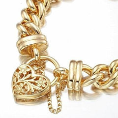 18ct Heavy Yellow Gold Plated 12mm Euro Curb Chain Bracelet with a Filigree Locket - USA Made-0