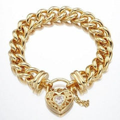 18ct Heavy Yellow Gold Plated 12mm Euro Curb Chain Bracelet with a Filigree Locket Featuring a Simulated Diamond - USA Made-2