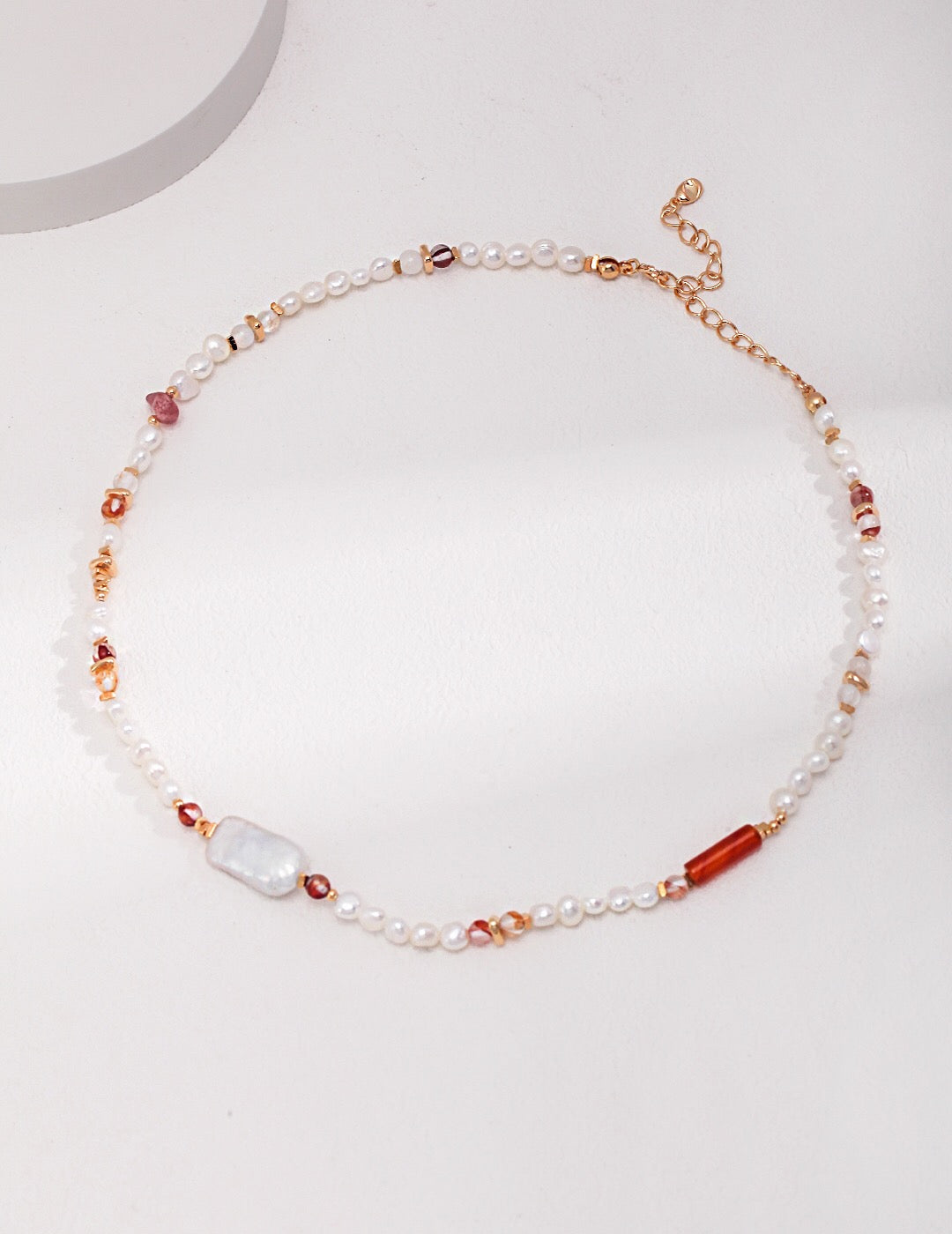 Strawberry Quartz With Baroque Pearl Necklace-0