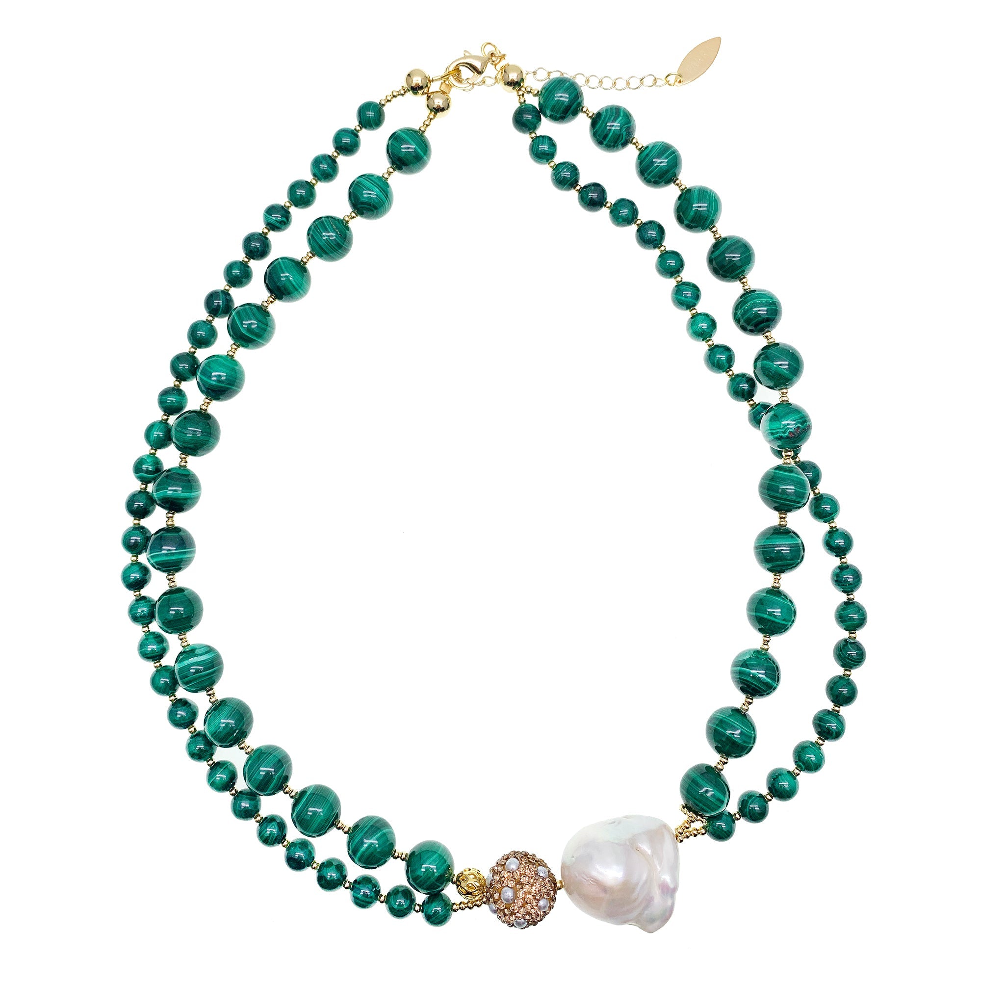 Baroque Pearl With Malachite Double Strands Statement Necklace GN015-1