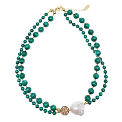 Baroque Pearl With Malachite Double Strands Statement Necklace GN015-1