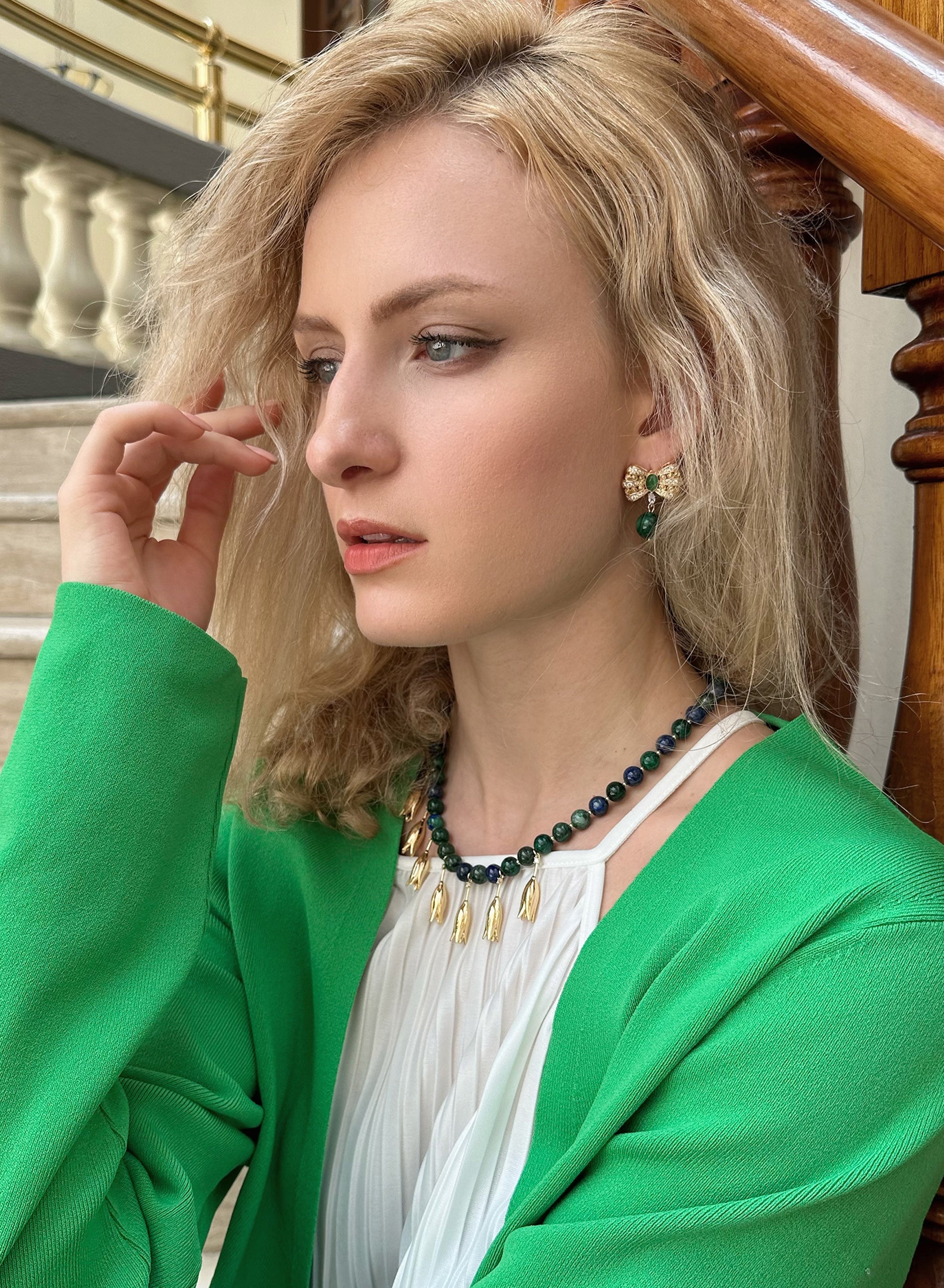 Bowknot With Malachite Dangle Earrings KE015-2