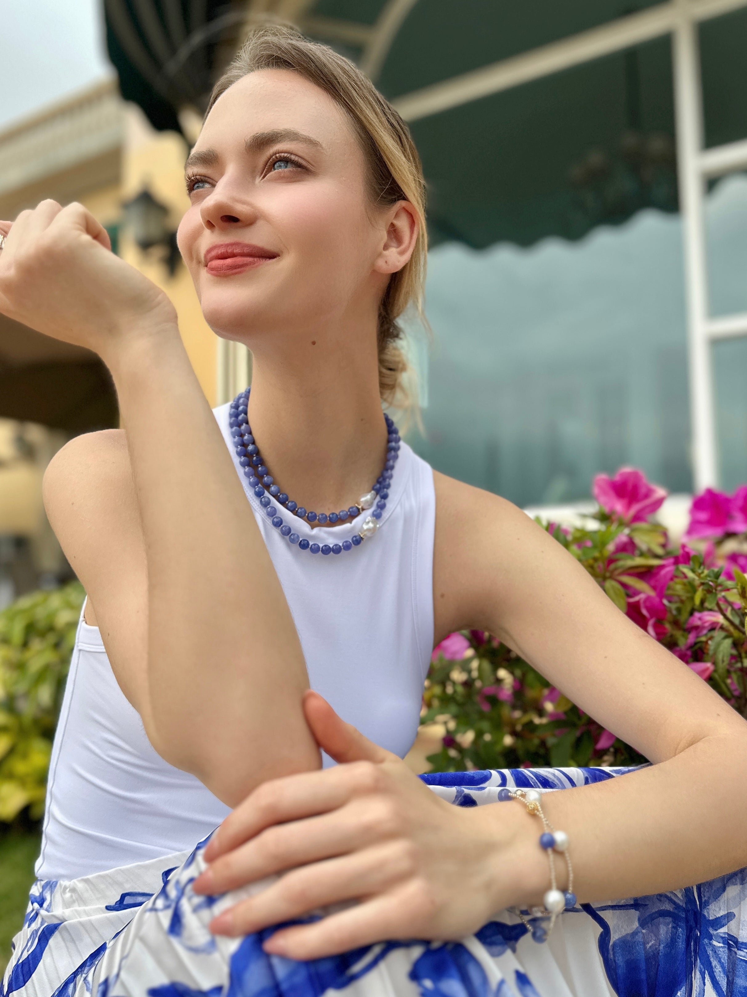 Blue Jade with Baroque Pearls Double Layers Necklace LN034-2