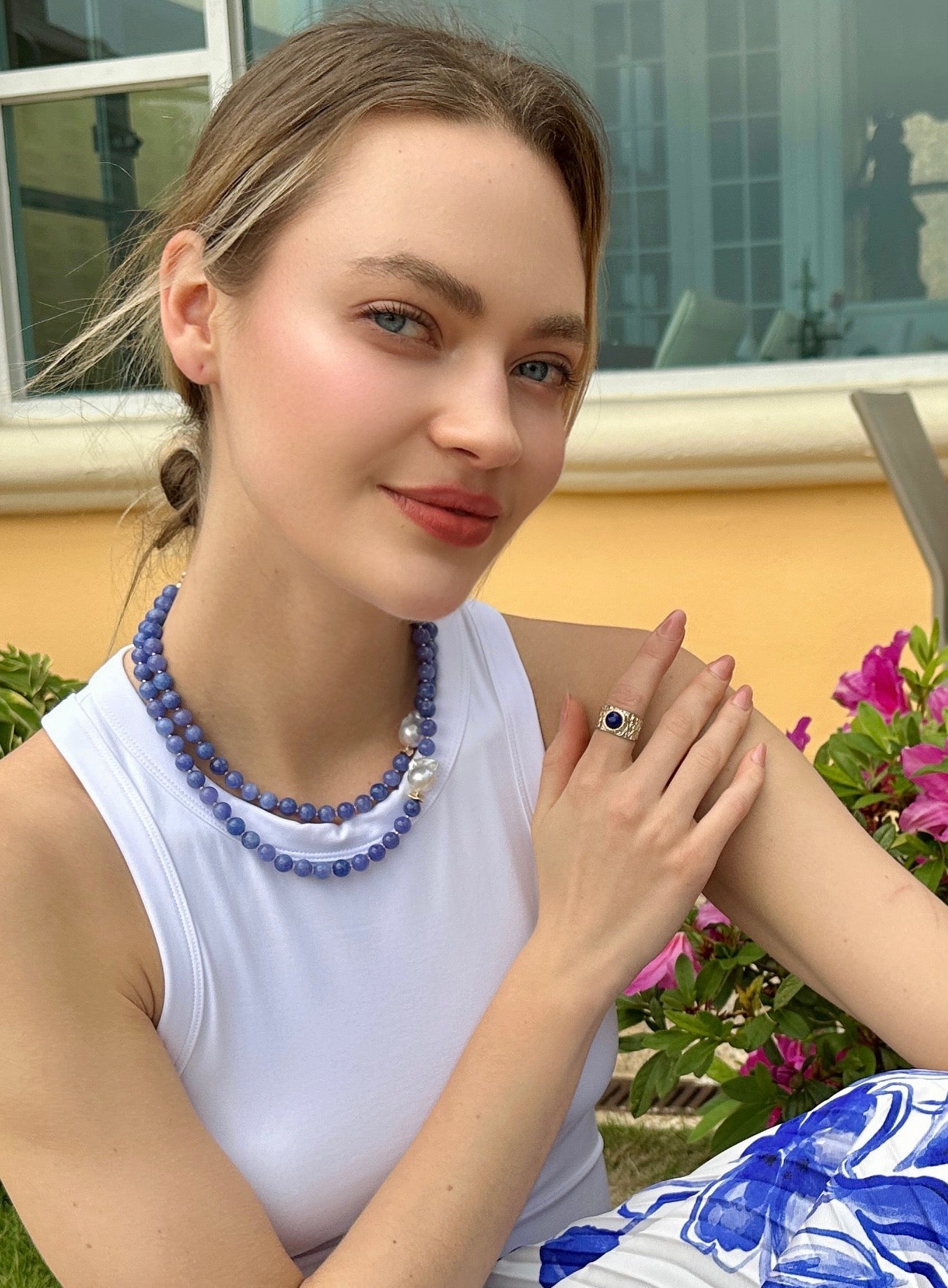 Blue Jade with Baroque Pearls Double Layers Necklace LN034-3