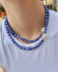 Blue Jade with Baroque Pearls Double Layers Necklace LN034-1