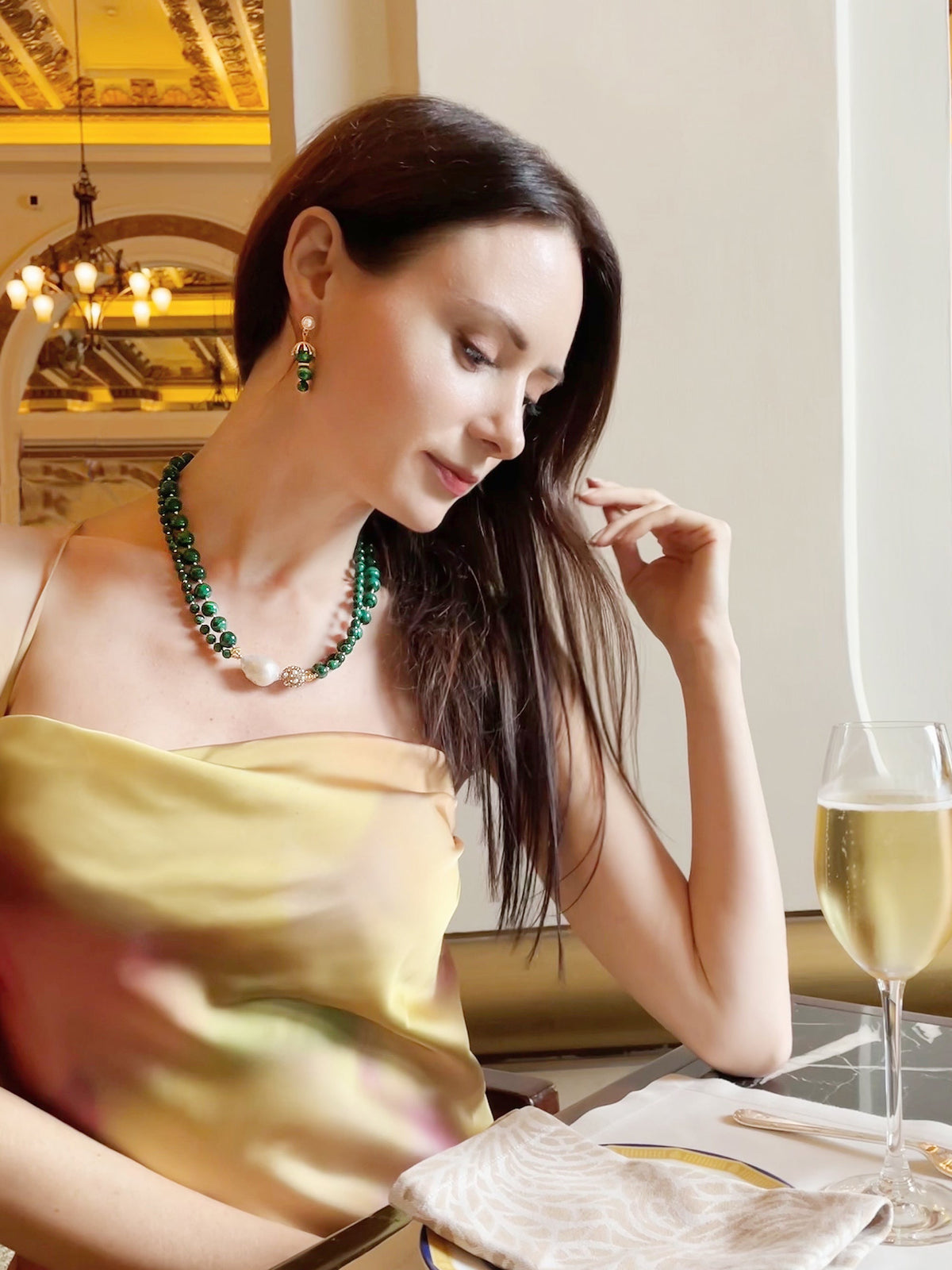 Baroque Pearl With Malachite Double Strands Statement Necklace GN015-0
