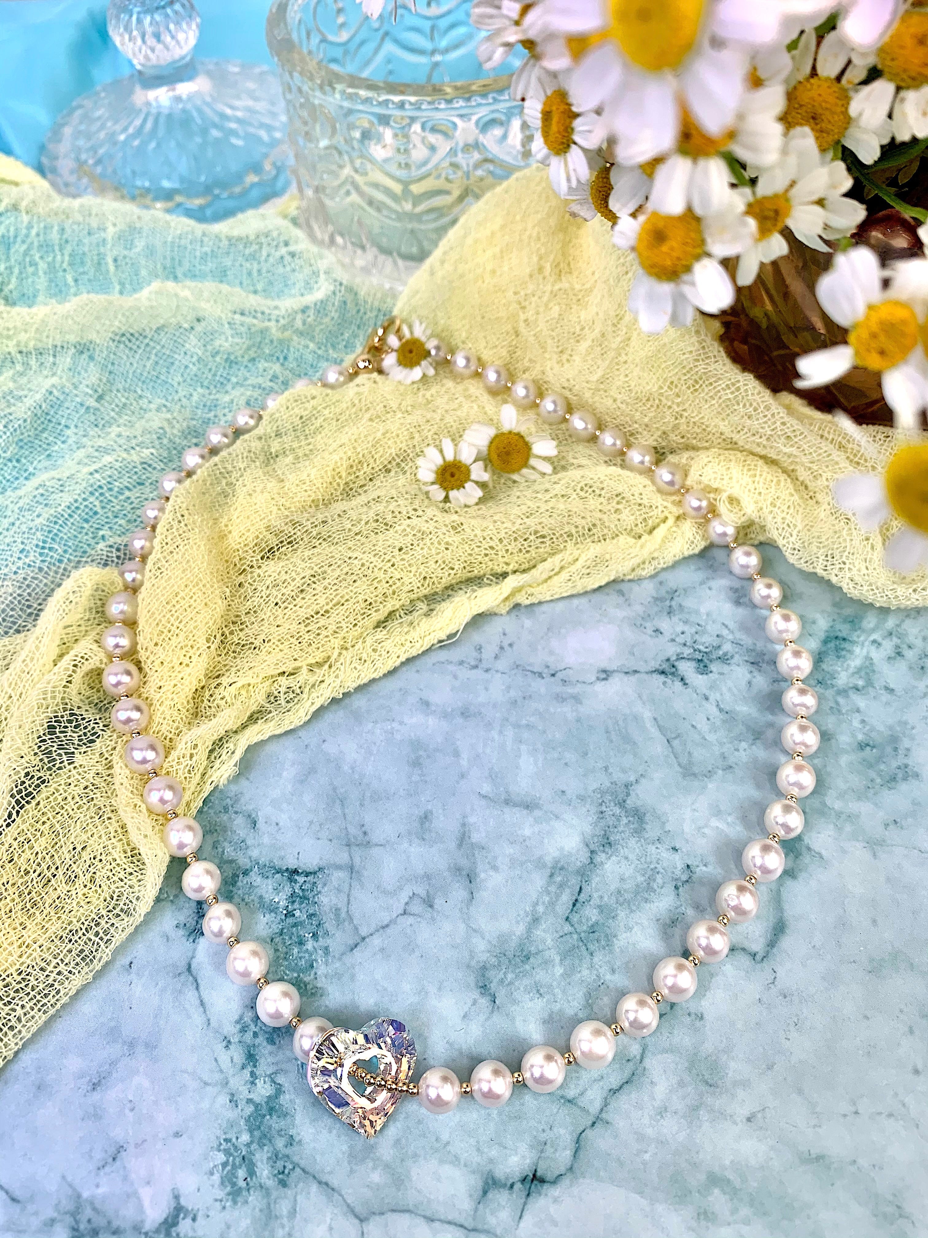 Freshwater Pearls With Swarovski Crystal Heart Charm Short Necklace EN043-2
