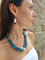 Blue Opal With Baroque Pearls Double Layers Necklace NN047-2