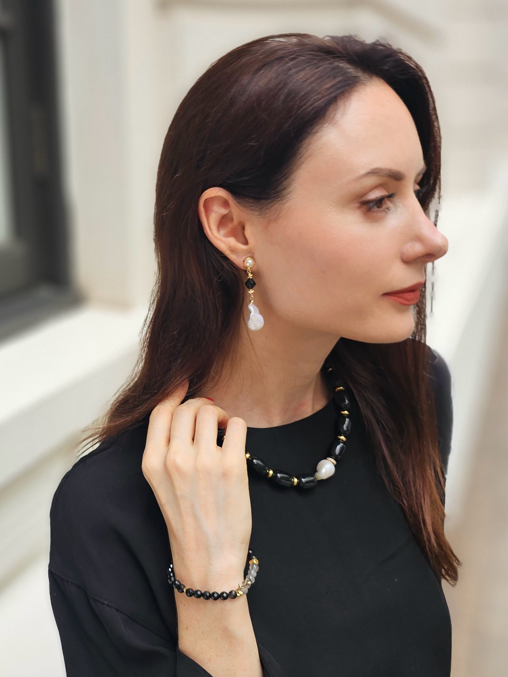 Black Obsidian With Baroque Pearl Pendant Necklace NN004-3