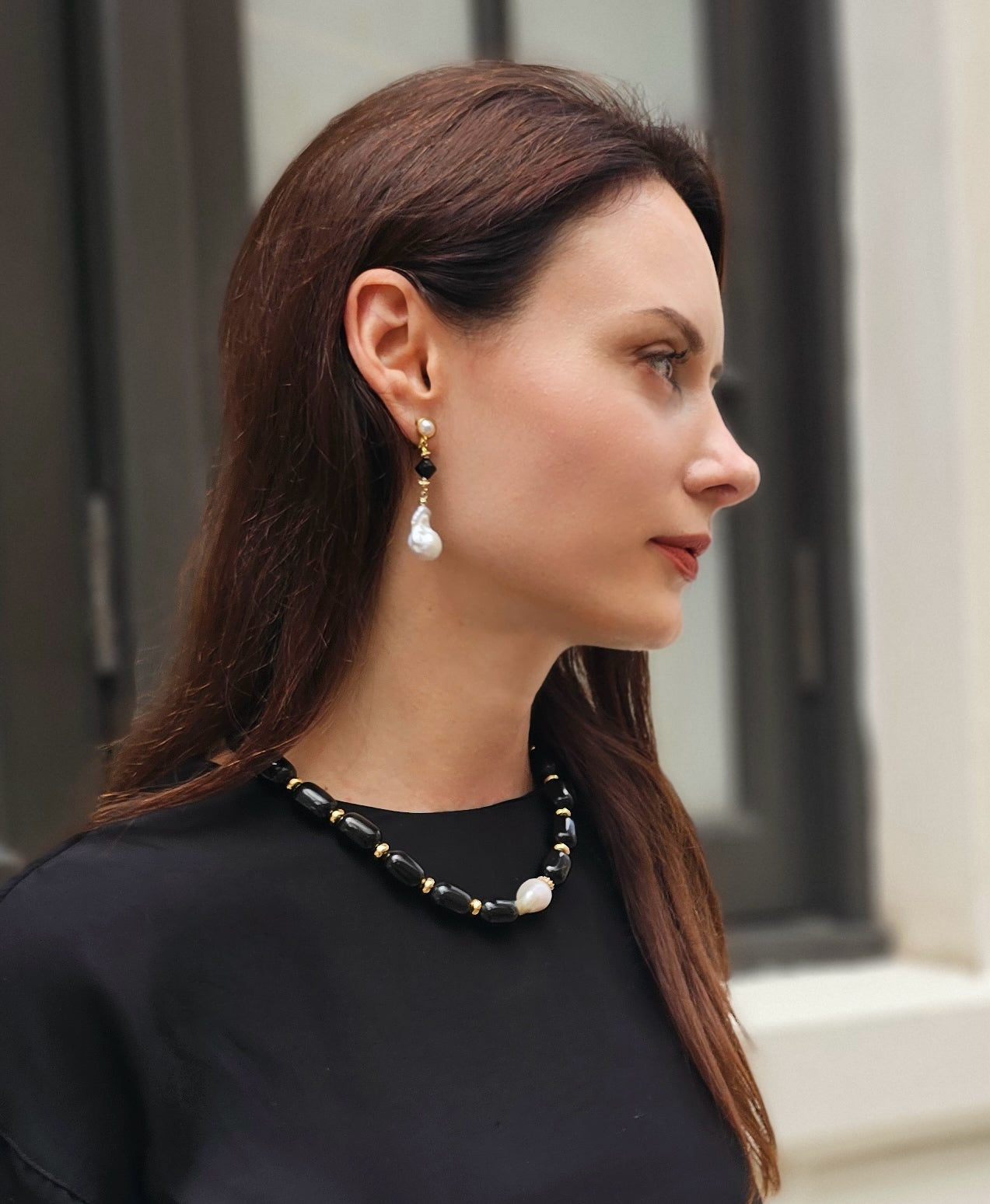 Black Obsidian With Baroque Pearl Pendant Necklace NN004-1