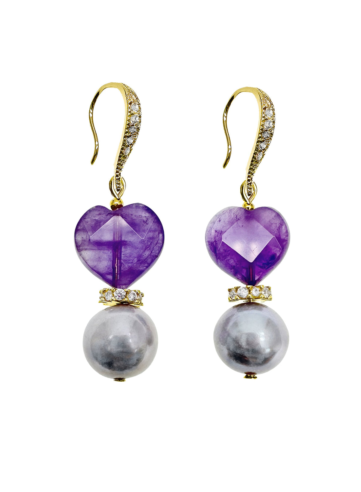 Heart Shaped Amethyst With Gray Freshwater Pearl Earrings LE010-0
