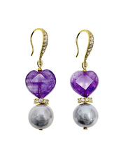 Heart Shaped Amethyst With Gray Freshwater Pearl Earrings LE010-0