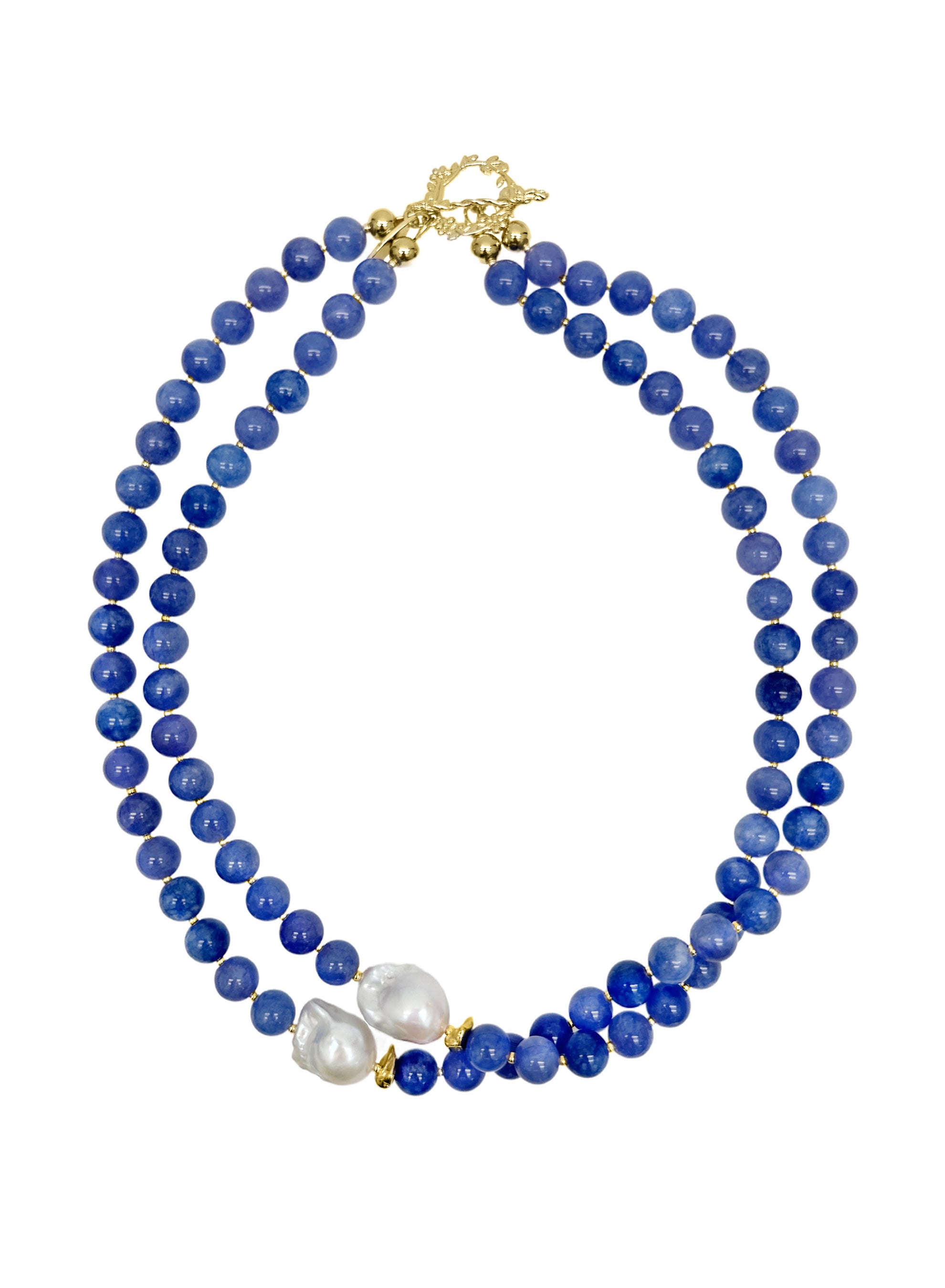 Blue Jade with Baroque Pearls Double Layers Necklace LN034-0