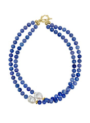 Blue Jade with Baroque Pearls Double Layers Necklace LN034-0