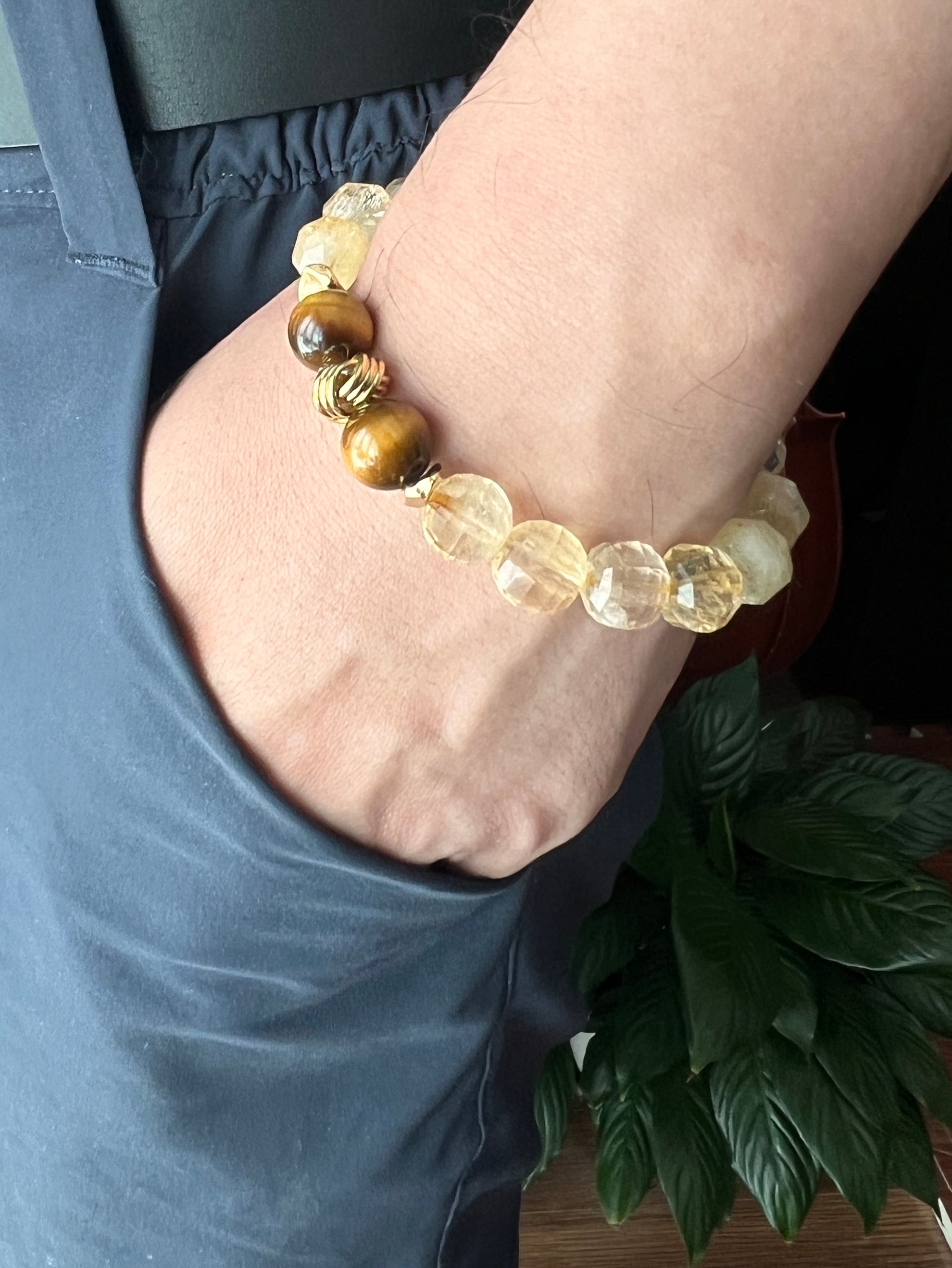 Natural Citrine With Natural Tiger-Eye Stone Men's Bracelet MEB08-2