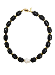 Black Obsidian With Baroque Pearl Pendant Necklace NN004-2