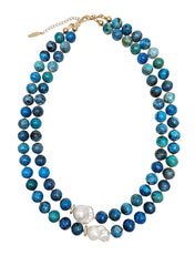 Blue Opal With Baroque Pearls Double Layers Necklace NN047-0