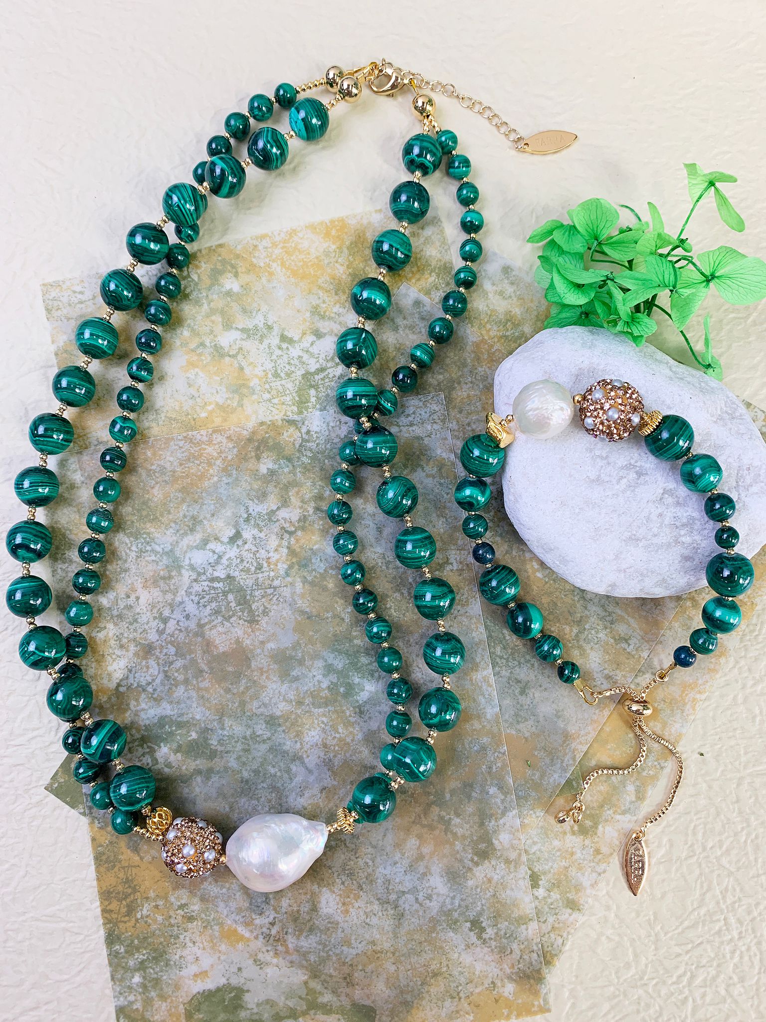 Baroque Pearl With Malachite Double Strands Statement Necklace GN015-4